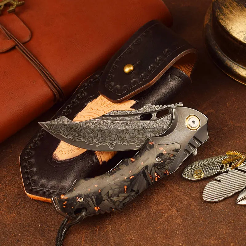 Damascus Folding Knife – VG10 Carbon Fiber Handle Copper Flake Hand Finished EDC Collector detail image - detail view 5