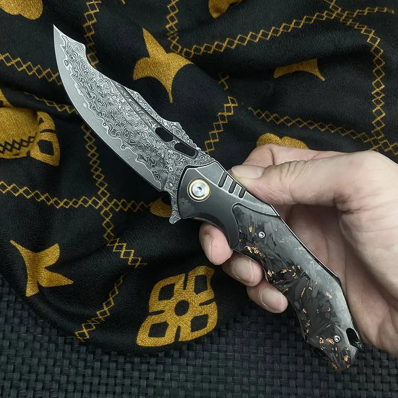 Damascus Folding Knife – VG10 Carbon Fiber Handle Copper Flake Hand Finished EDC Collector detail image - detail view 6