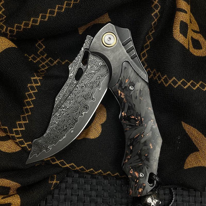 Damascus Folding Knife – VG10 Carbon Fiber Handle Copper Flake Hand Finished EDC Collector product image