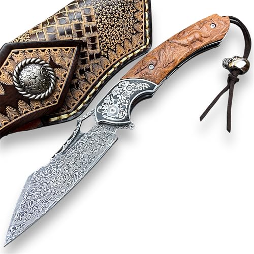 Damascus Folding Knife – VG10 Steel Ironwood Handle Wave Pattern EDC Collector detail image - detail view 10