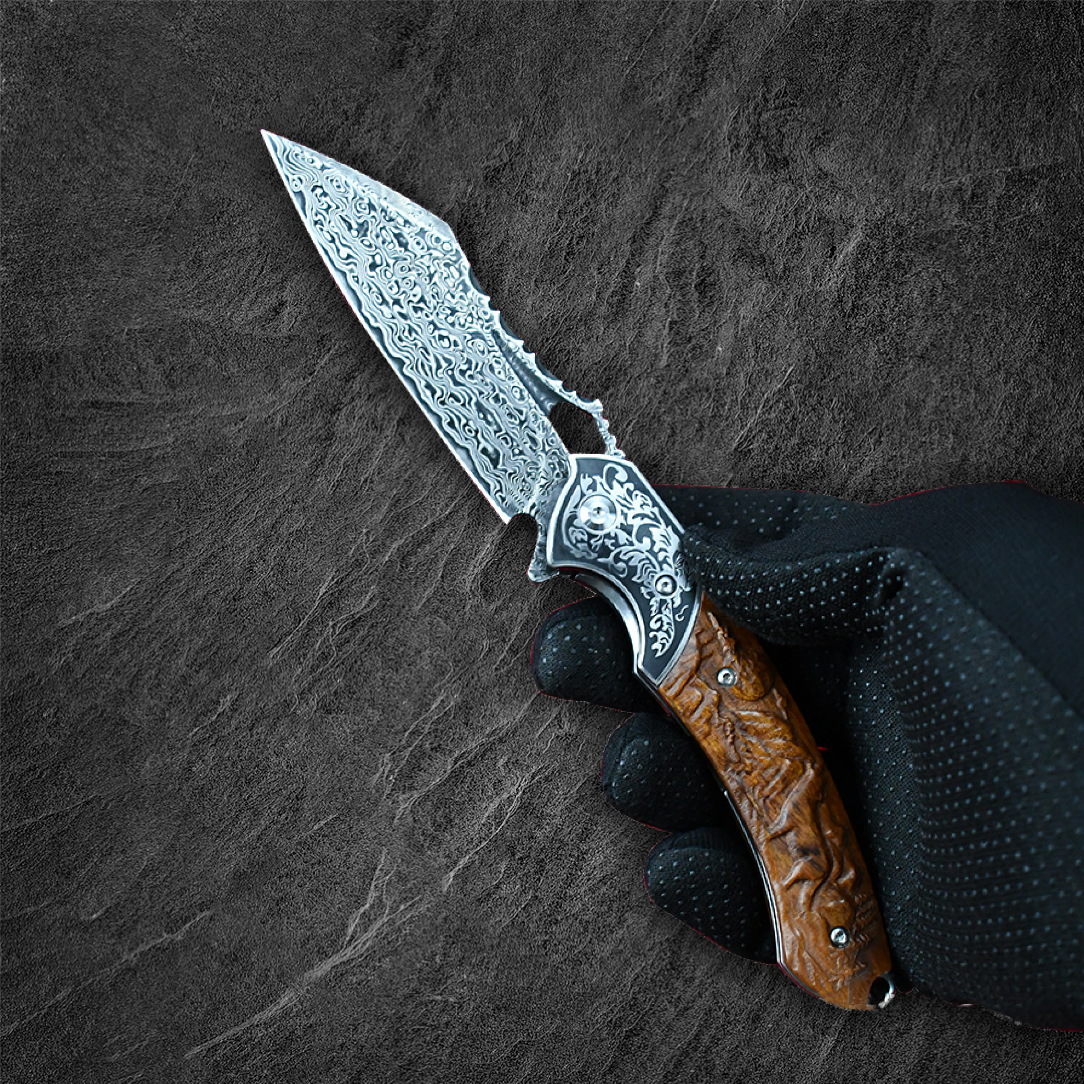 Damascus Folding Knife – VG10 Steel Ironwood Handle Wave Pattern EDC Collector detail image