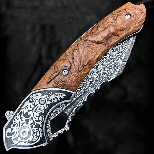 Damascus Folding Knife – VG10 Steel Ironwood Handle Wave Pattern EDC Collector detail image - detail view 3