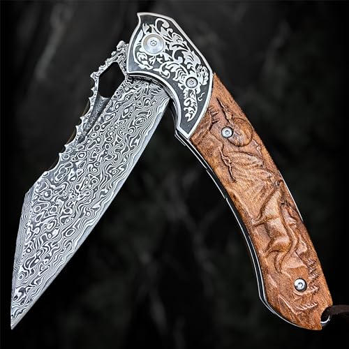 Damascus Folding Knife – VG10 Steel Ironwood Handle Wave Pattern EDC Collector detail image - detail view 6