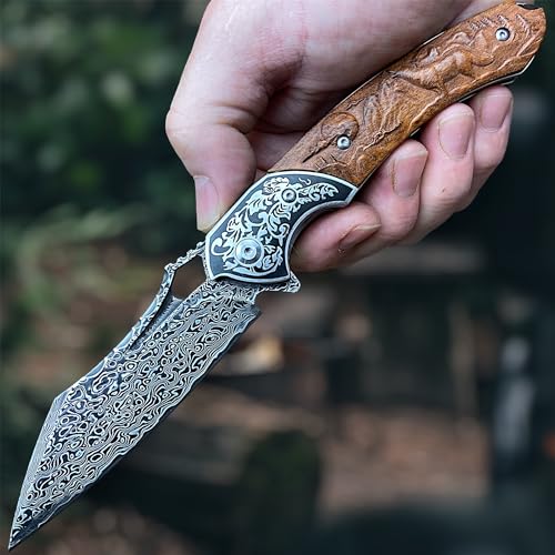 Damascus Folding Knife – VG10 Steel Ironwood Handle Wave Pattern EDC Collector detail image - detail view 7
