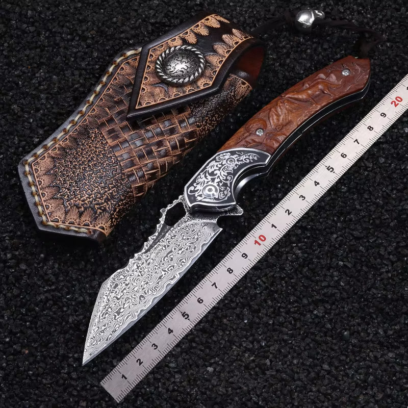 Damascus Folding Knife – VG10 Steel Ironwood Handle Wave Pattern EDC Collector detail image - detail view 8