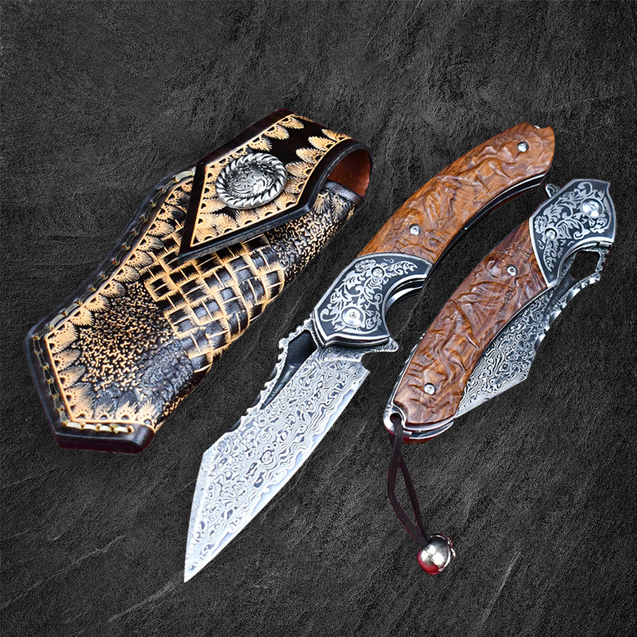 Damascus Folding Knife – VG10 Steel Ironwood Handle Wave Pattern EDC Collector detail image - detail view 9