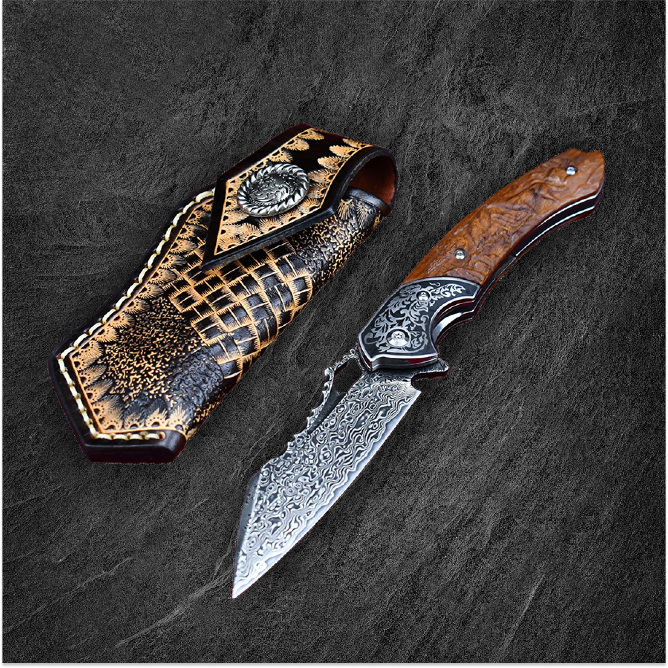 Damascus Folding Knife – VG10 Steel Ironwood Handle Wave Pattern EDC Collector product image
