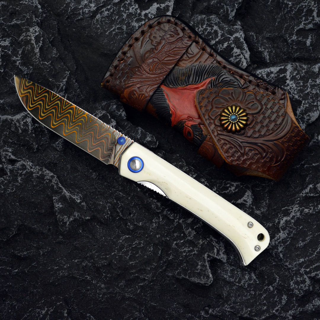 Damascus Folding Knife – Winged Avian with G10 Handle & Zirconium Inlay with 59HRC variant image - product view 15