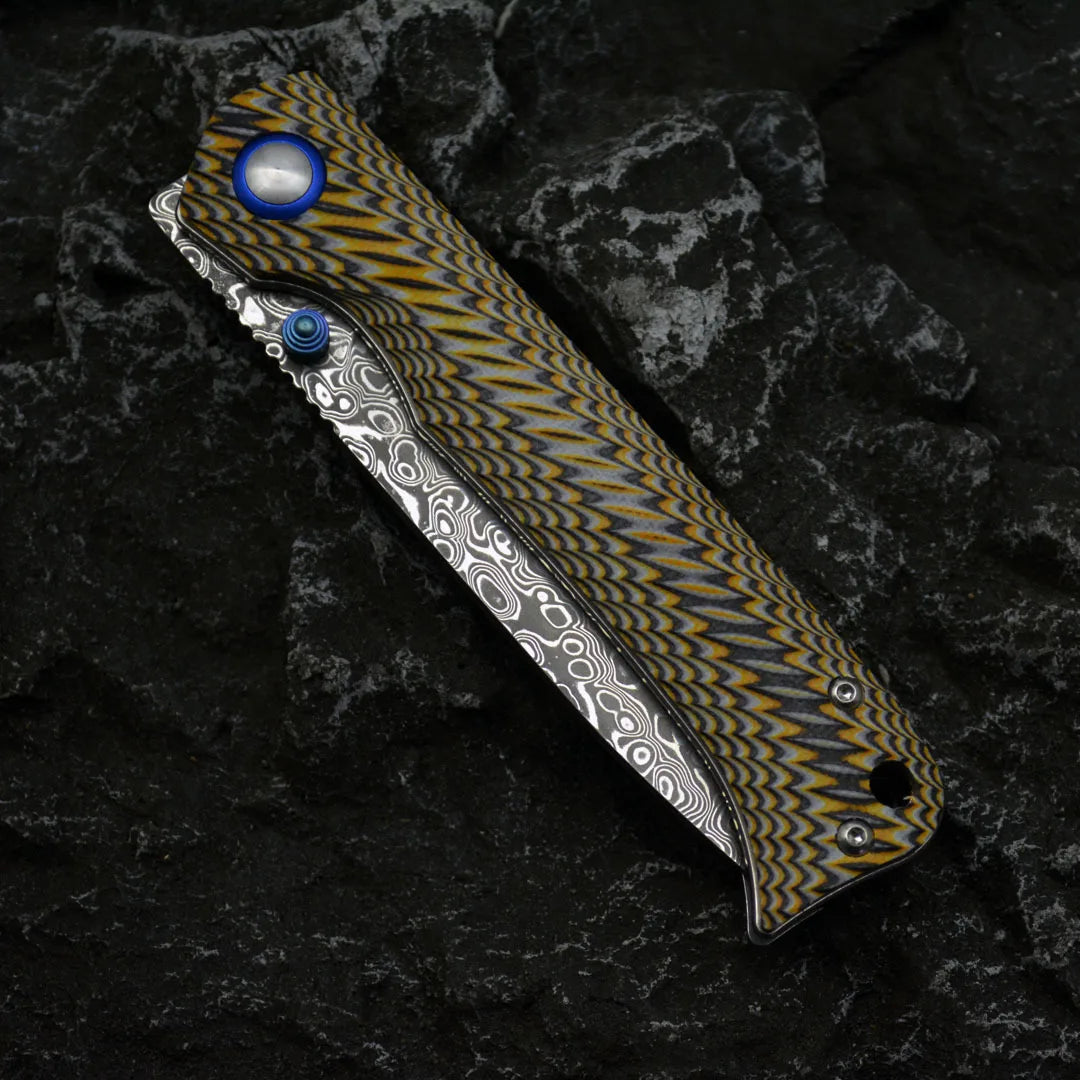 Damascus Folding Knife – Winged Avian with G10 Handle & Zirconium Inlay with 59HRC detail image - detail view 12