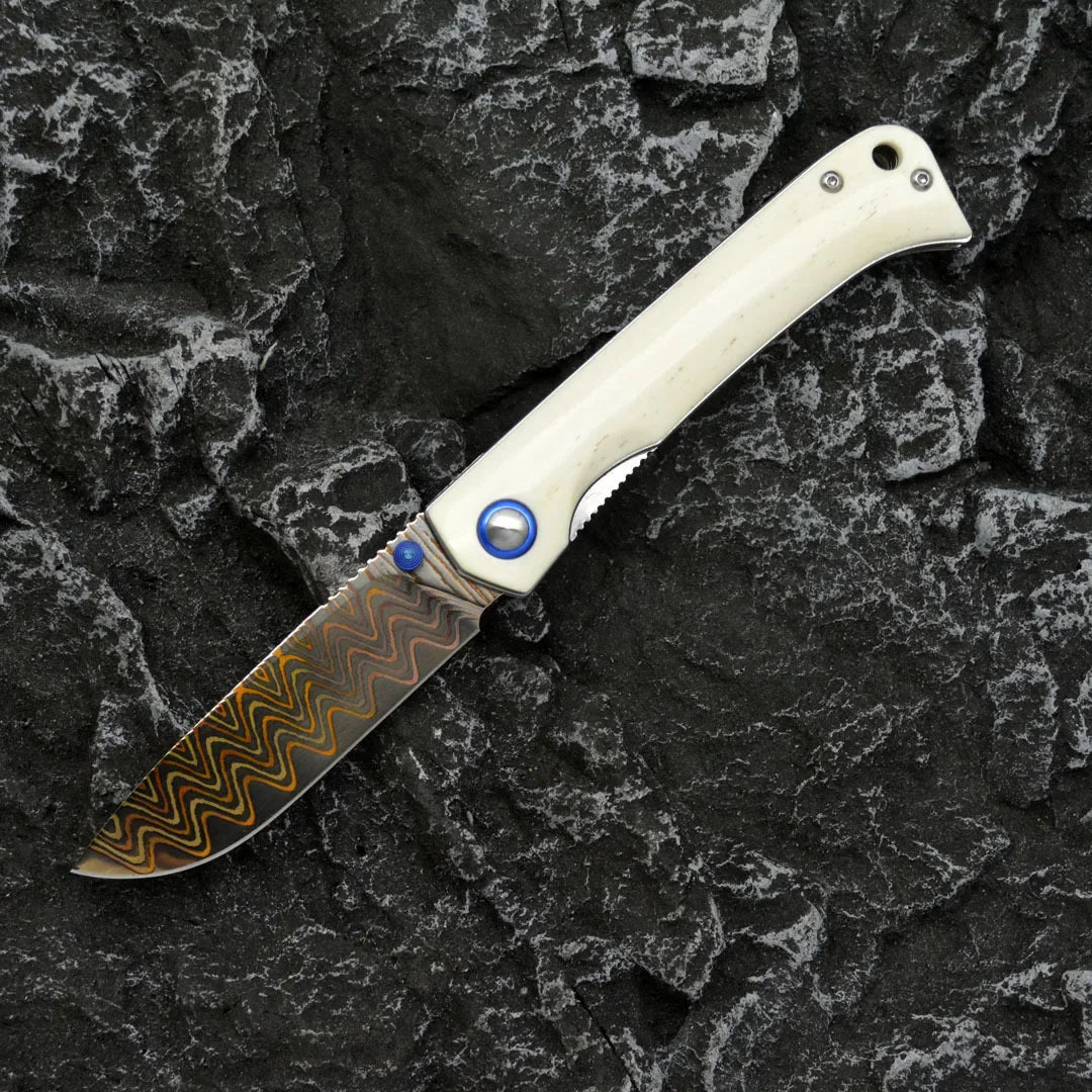 Damascus Folding Knife – Winged Avian with G10 Handle & Zirconium Inlay with 59HRC detail image