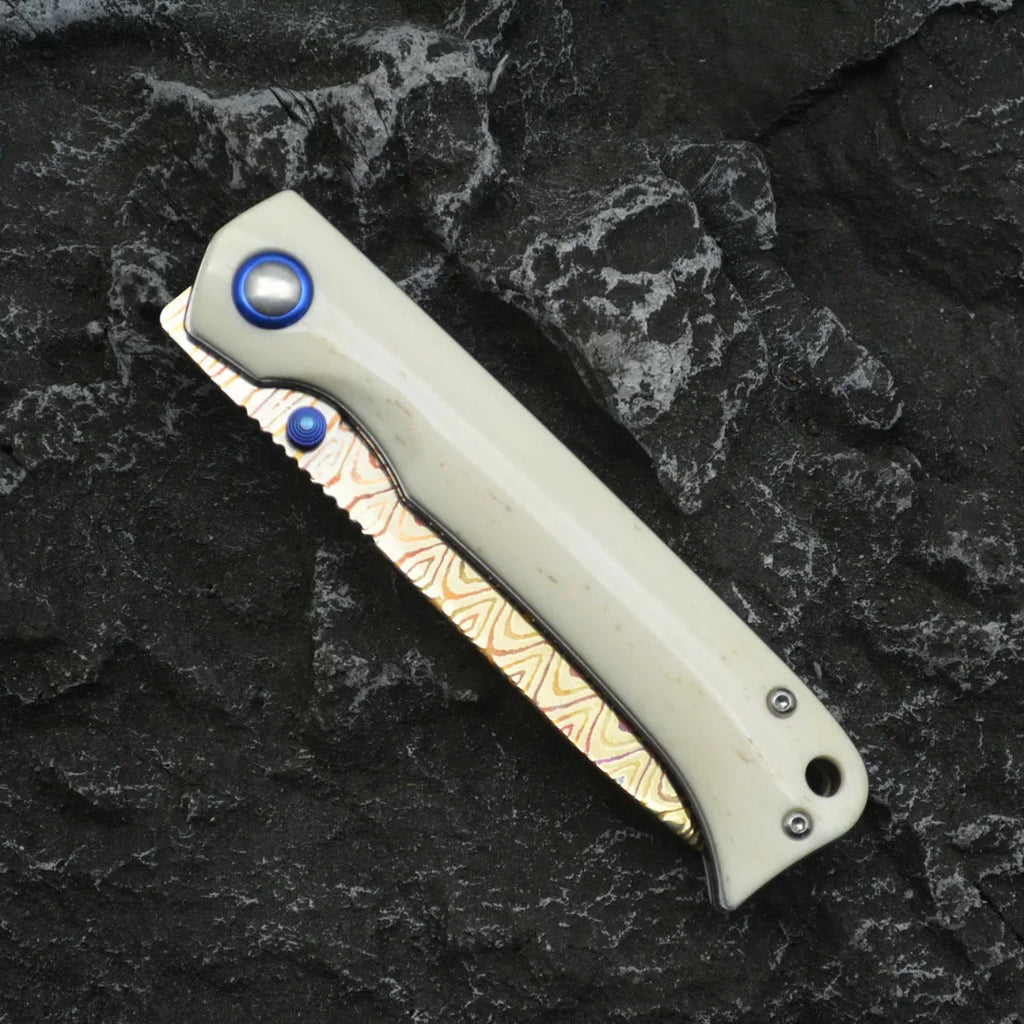 Damascus Folding Knife – Winged Avian with G10 Handle & Zirconium Inlay with 59HRC detail image - detail view 7