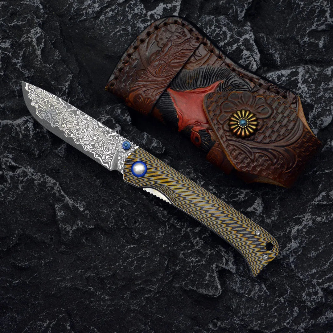 Damascus Folding Knife – Winged Avian with G10 Handle & Zirconium Inlay with 59HRC variant image