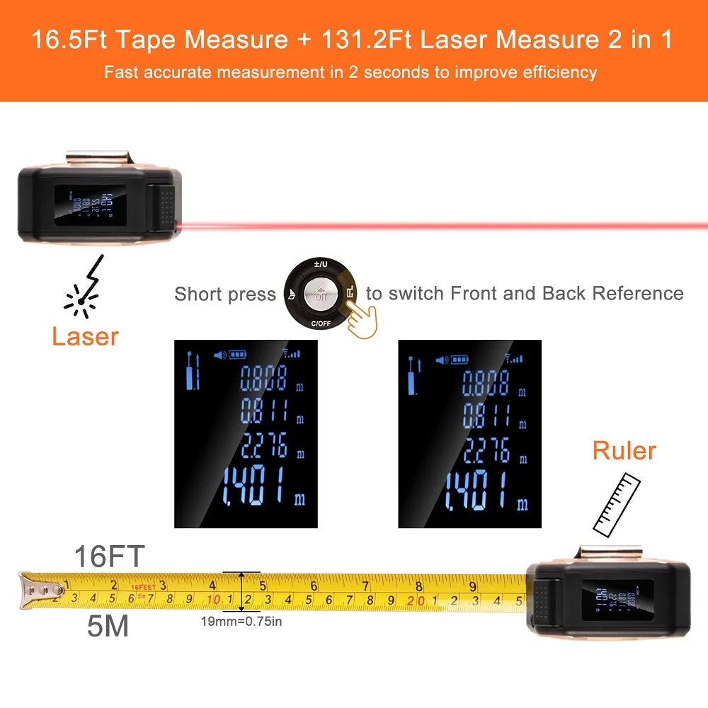 Digital Measuring Tool – Laser Tape Measure 2-in-1 135ft USB Rechargeable Construction DIY detail image - detail view 8