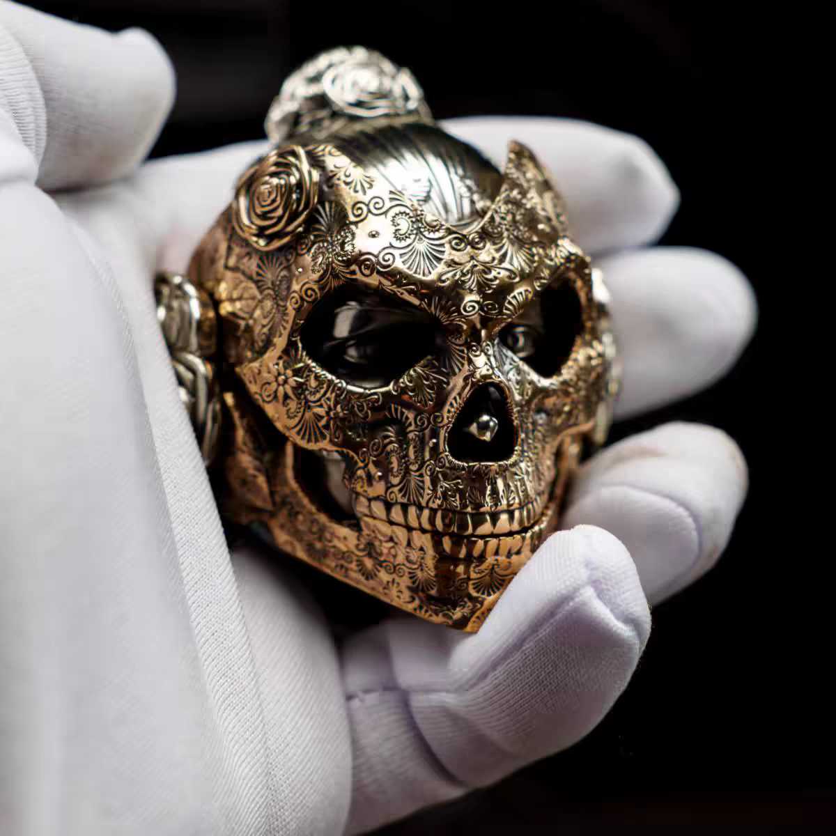 EDC Gadgets – Bronze Mechanical Rose Skull Mask with Interactive Art detail image