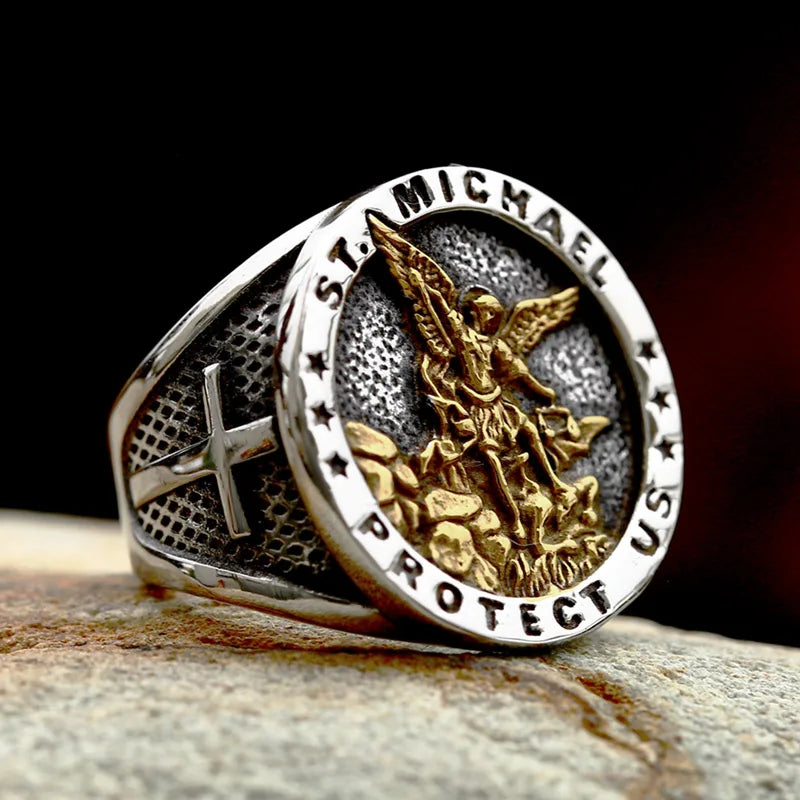 Gothic Cross Ring – Saint Michael with Mystic Guardian Punk Statement variant image