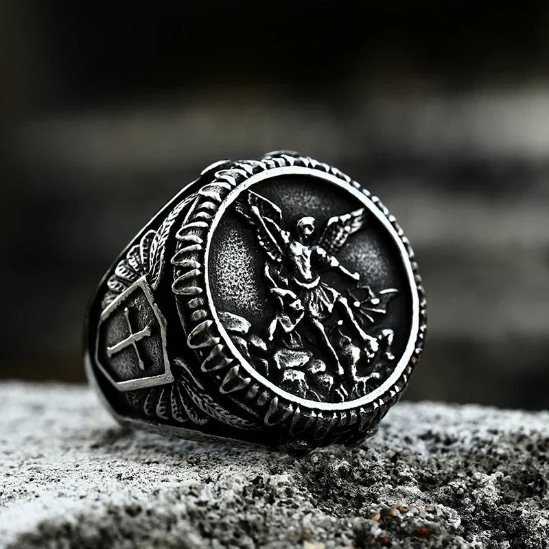 Gothic Cross Ring – Saint Michael with Mystic Guardian Punk Statement variant image - product view 3
