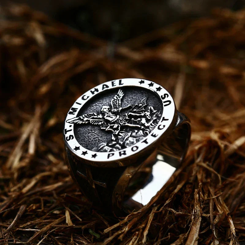 Gothic Cross Ring – Saint Michael with Mystic Guardian Punk Statement detail image