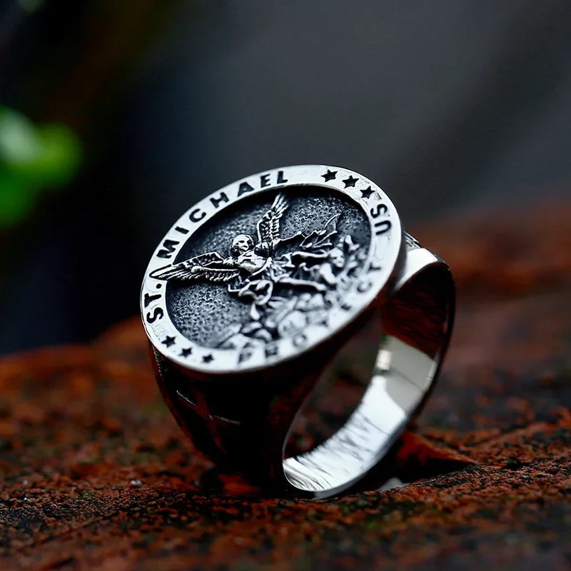 Gothic Cross Ring – Saint Michael with Mystic Guardian Punk Statement detail image - detail view 6