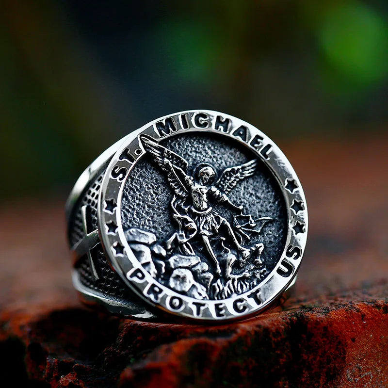 Gothic Cross Ring – Saint Michael with Mystic Guardian Punk Statement product image