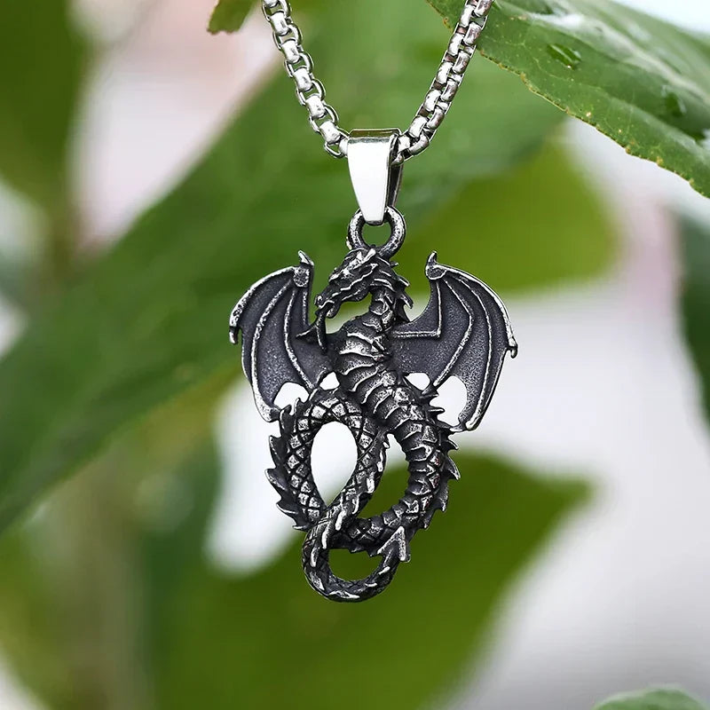 Gothic Dragon Necklace – Stainless Steel Punk Pendant Amulet detail image