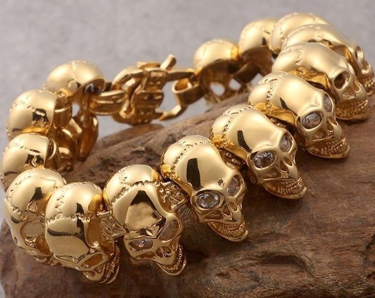 Gothic Skull Bracelet – 18K Gold Rune Punk Zircon Statement for Alternative Styling product image