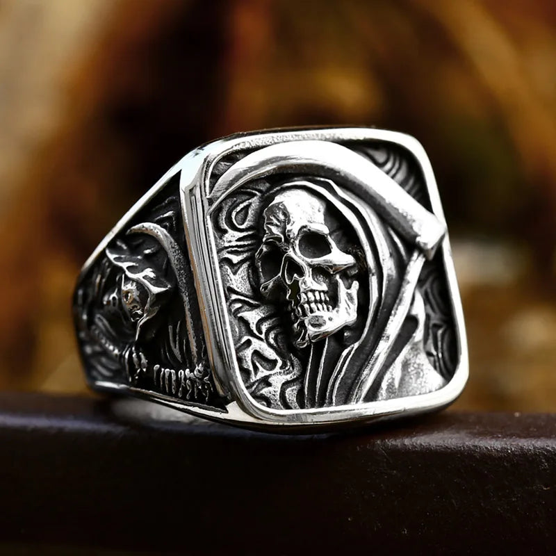 Gothic Skull Ring – Grim Reaper with Eerie Scythe Stainless Steel Punk Biker variant image
