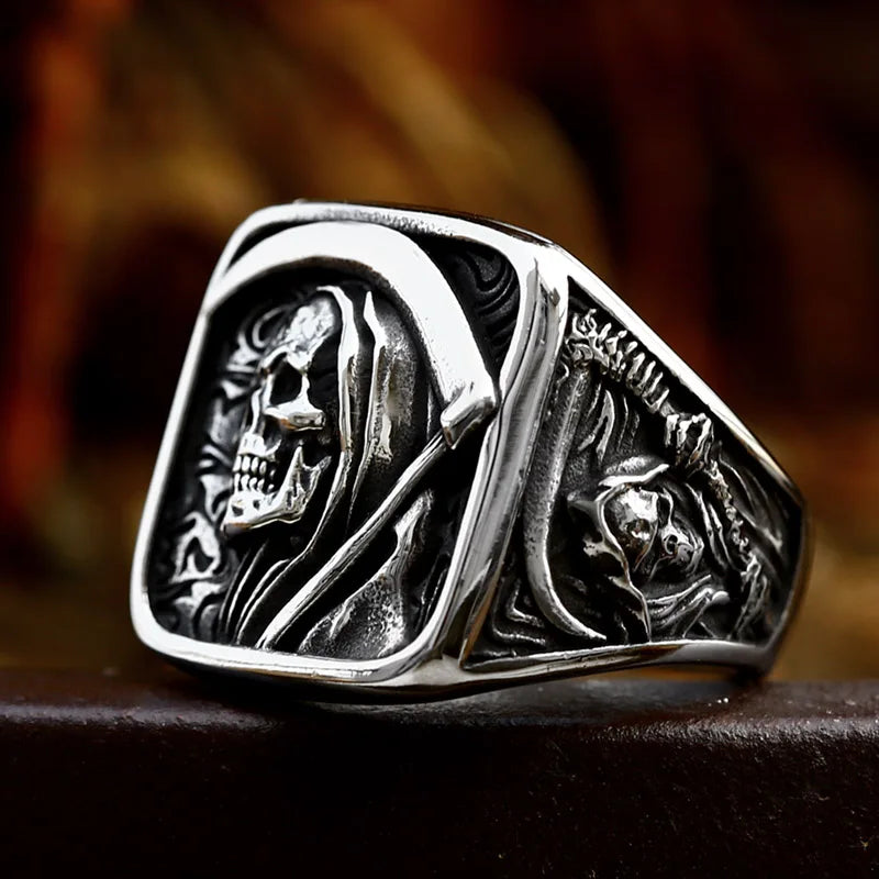 Gothic Skull Ring – Grim Reaper with Eerie Scythe Stainless Steel Punk Biker detail image