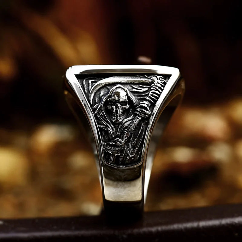 Gothic Skull Ring – Grim Reaper with Eerie Scythe Stainless Steel Punk Biker detail image - detail view 4