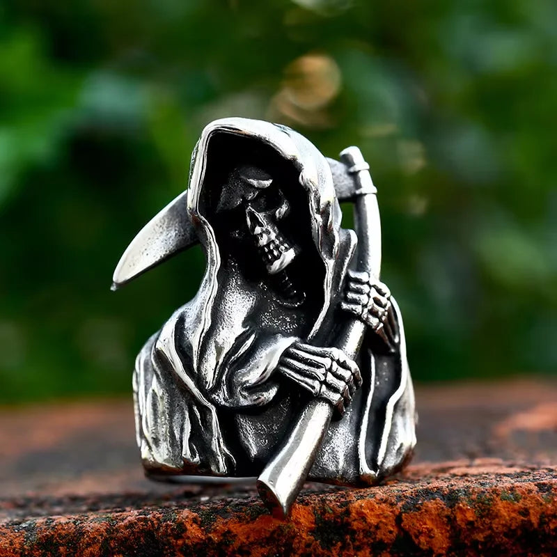Gothic Skull Ring – Grim Reaper with Eerie Scythe Stainless Steel Punk Biker detail image - detail view 5