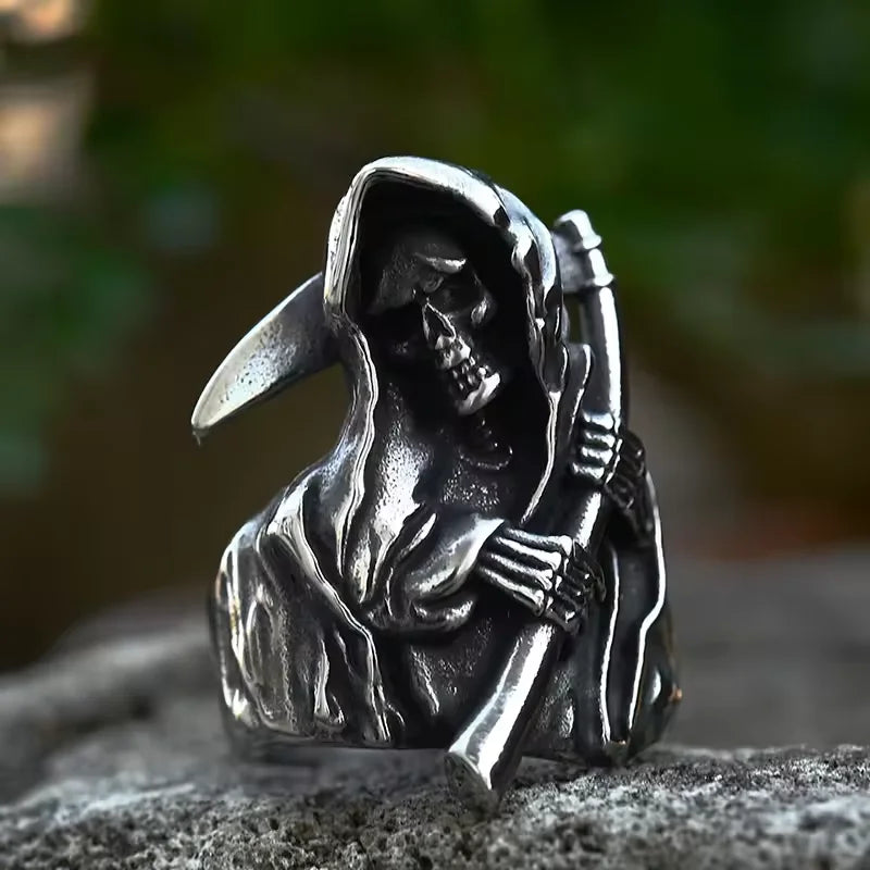Gothic Skull Ring – Grim Reaper with Eerie Scythe Stainless Steel Punk Biker product image