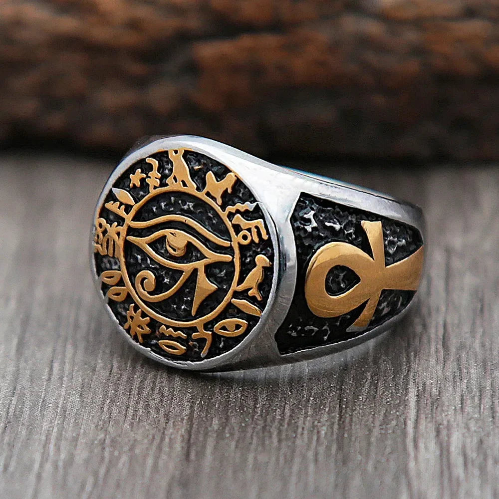 Gothic Stainless Steel Ring – Eye of Horus Amulet Egyptian Punk detail image