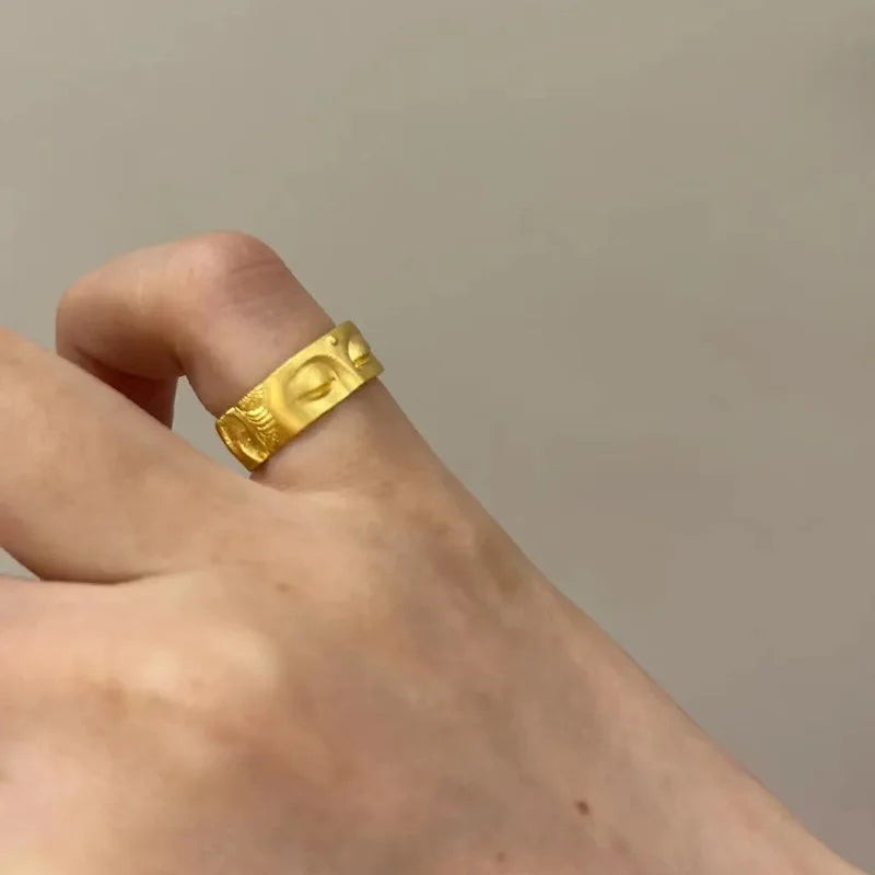 Gothic Statement Ring – Buddha with Speak No Evil Half Face Spiritual detail image - detail view 3