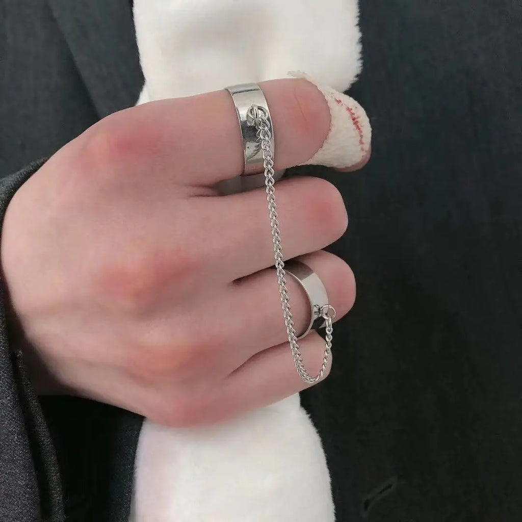 Gothic Statement Ring – Double Band Chain Link Punk Hip Hop Adjustable detail image