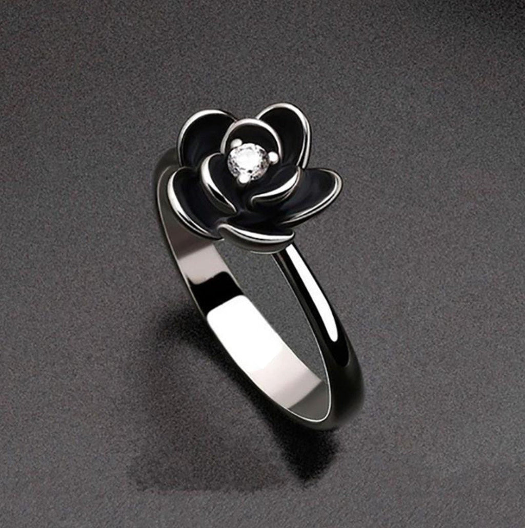 Gothic Statement Ring – Punk with Black Dahlia Flower Zirconia Dark Floral product image