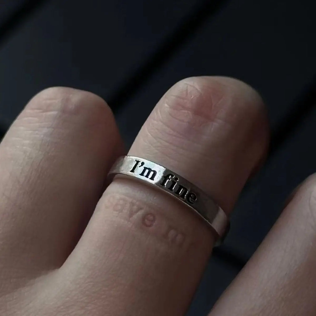 Gothic Statement Ring – Punk with "I'm Fine Save Me" Hidden Message Open Band detail image