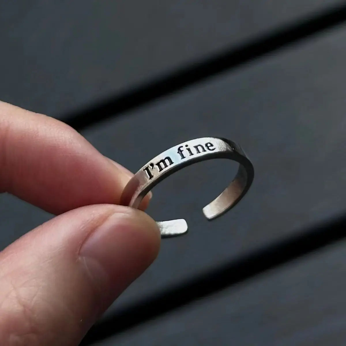 Gothic Statement Ring – Punk with "I'm Fine Save Me" Hidden Message Open Band detail image - detail view 3