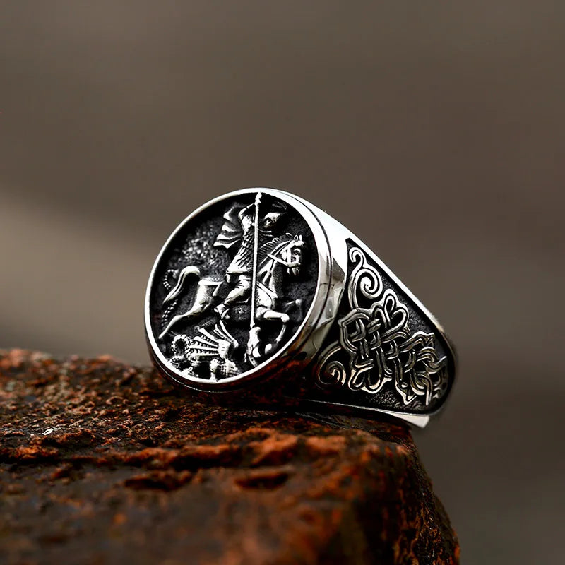 Gothic Statement Ring – Saint George with Valor Knight Vintage Punk detail image