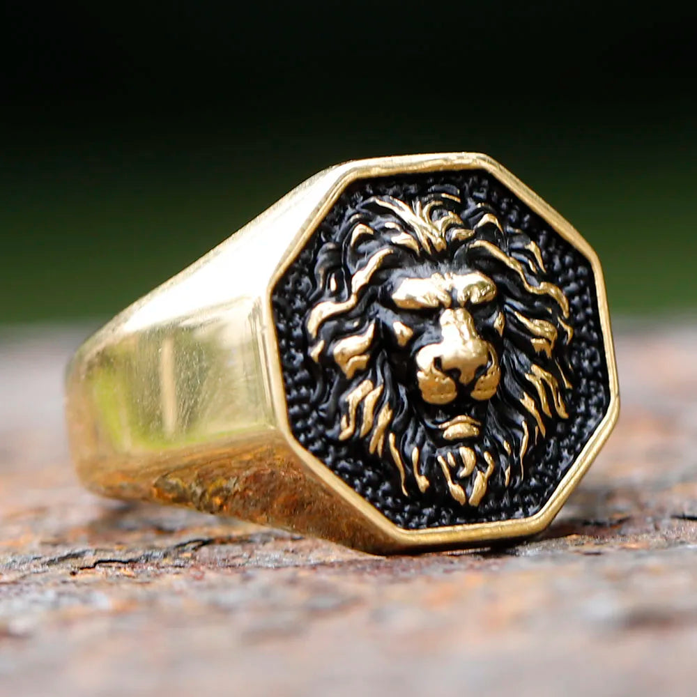 Gothic Statement Ring – Tiger with Savage 3D Head Punk Biker Gold Steel detail image