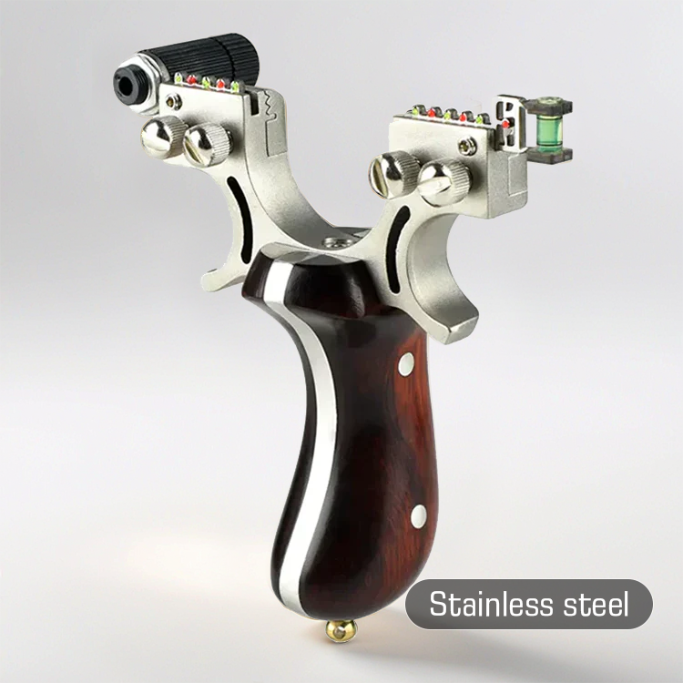 Hunting Slingshot – Stainless Steel Wood Handle with Laser & Level Fiber Optic Sight product image