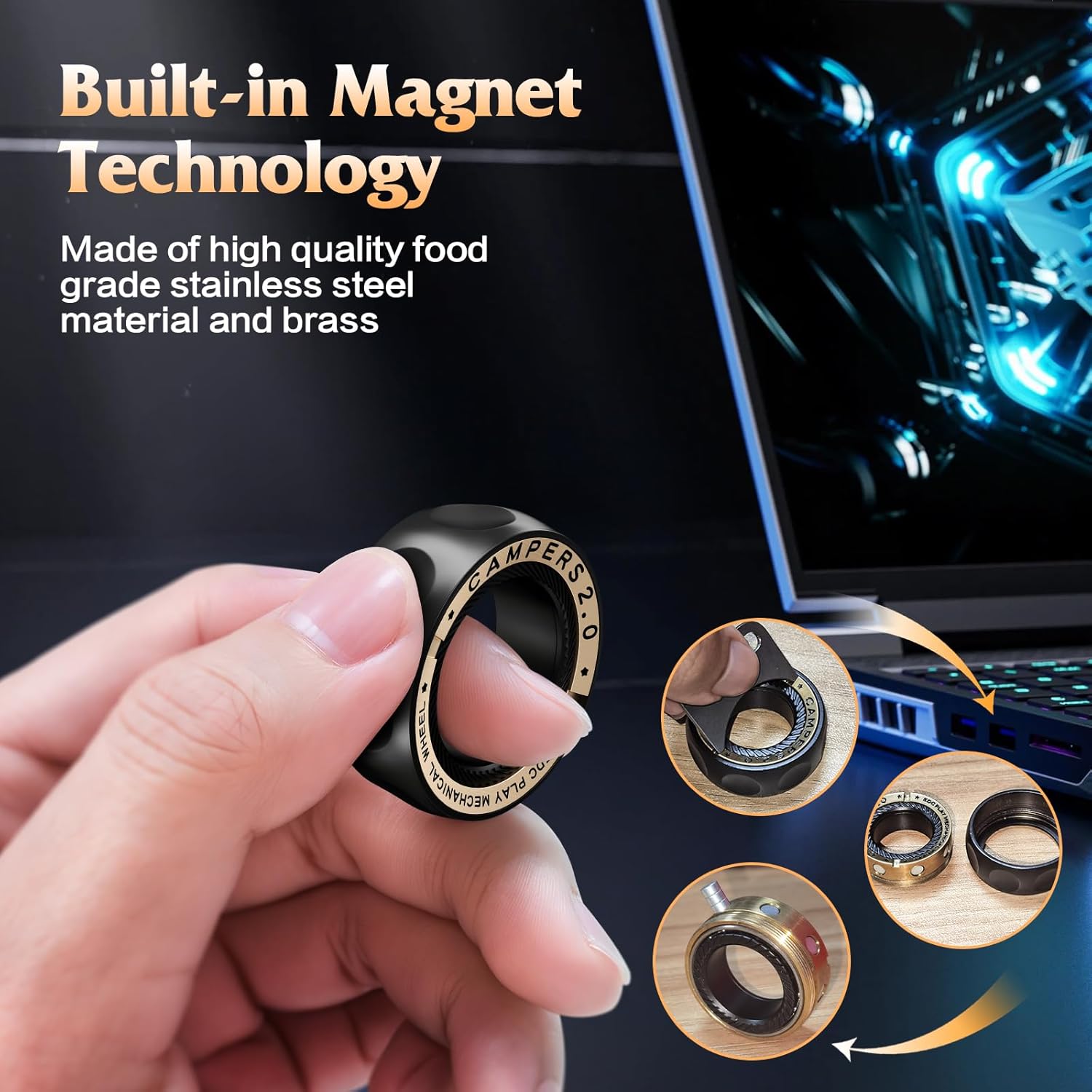 Magnetic Fidget Spinner – RelaxiSpin Rings with Stainless Steel & Brass Rings detail image - detail view 6