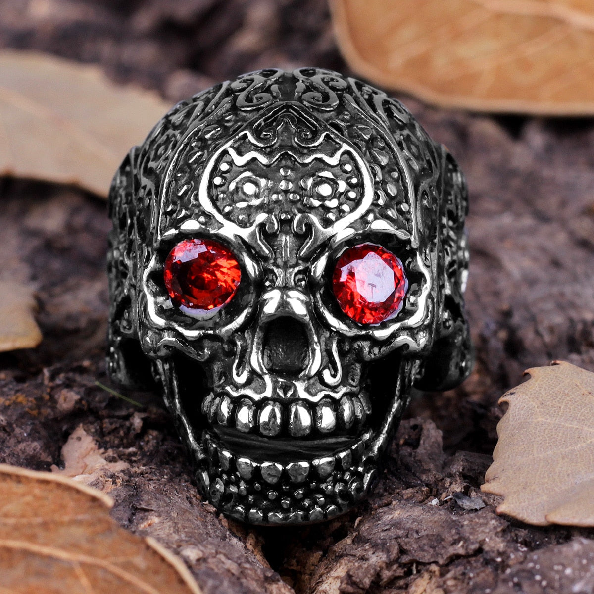 Rhinestone Skull Ring – Biker with Red Eye Gothic Punk Rock Statement detail image