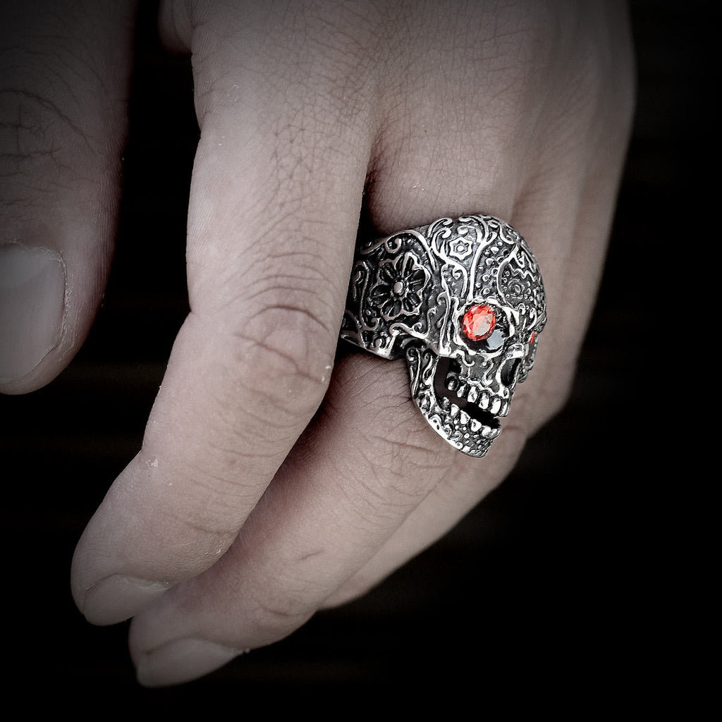 Rhinestone Skull Ring – Biker with Red Eye Gothic Punk Rock Statement detail image - detail view 3