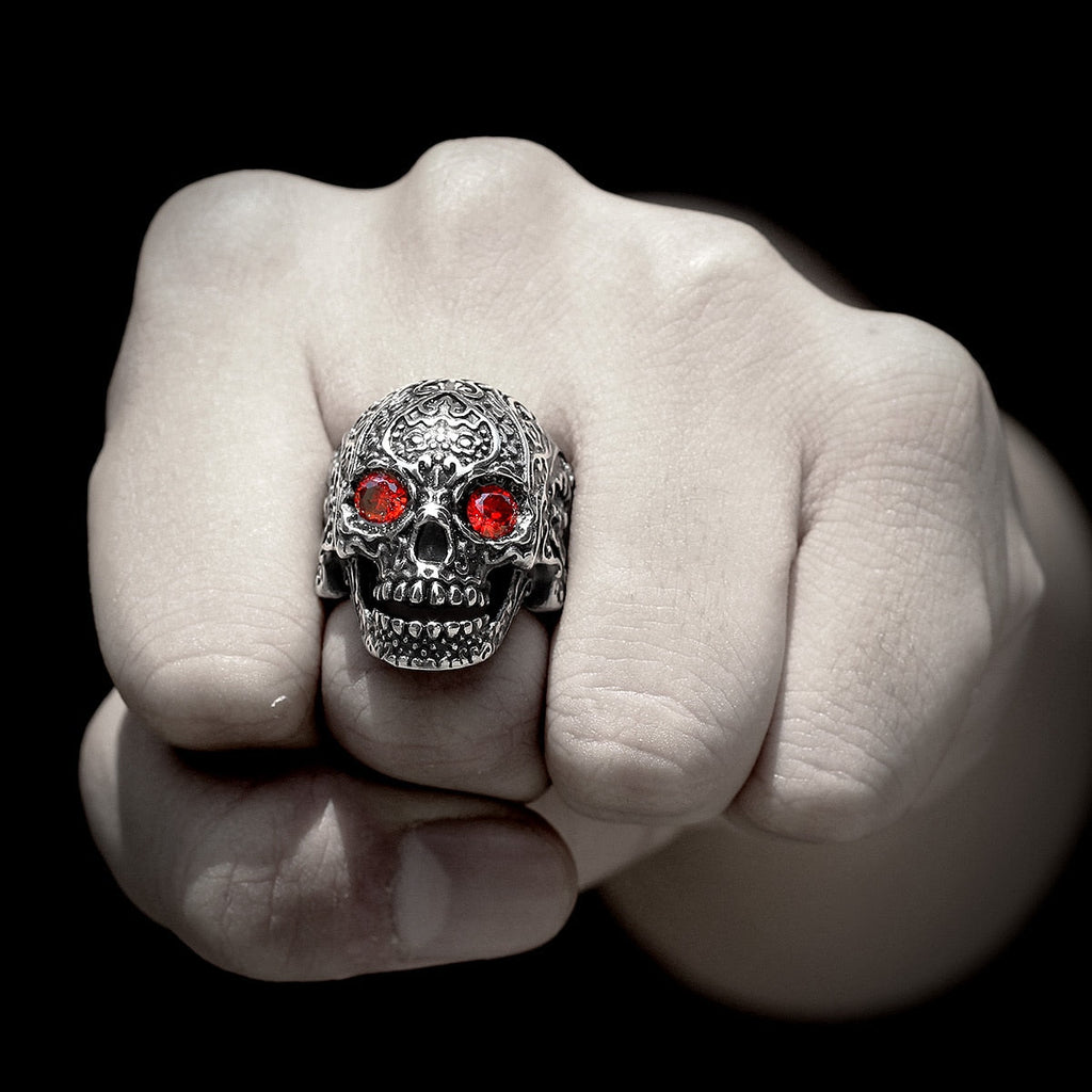 Rhinestone Skull Ring – Biker with Red Eye Gothic Punk Rock Statement detail image - detail view 4