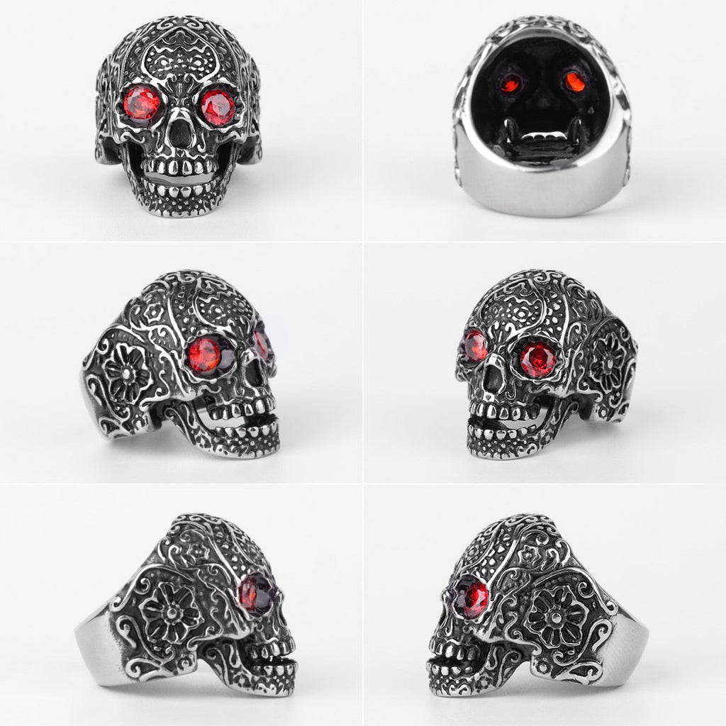 Rhinestone Skull Ring – Biker with Red Eye Gothic Punk Rock Statement detail image - detail view 5