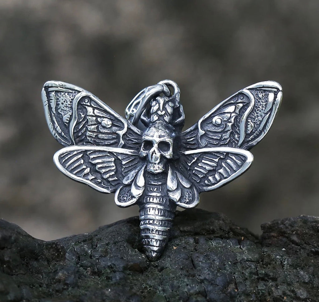 Skull Moth Necklace – Gothic with Dead Head Pendant Dark Statement Jewelry detail image