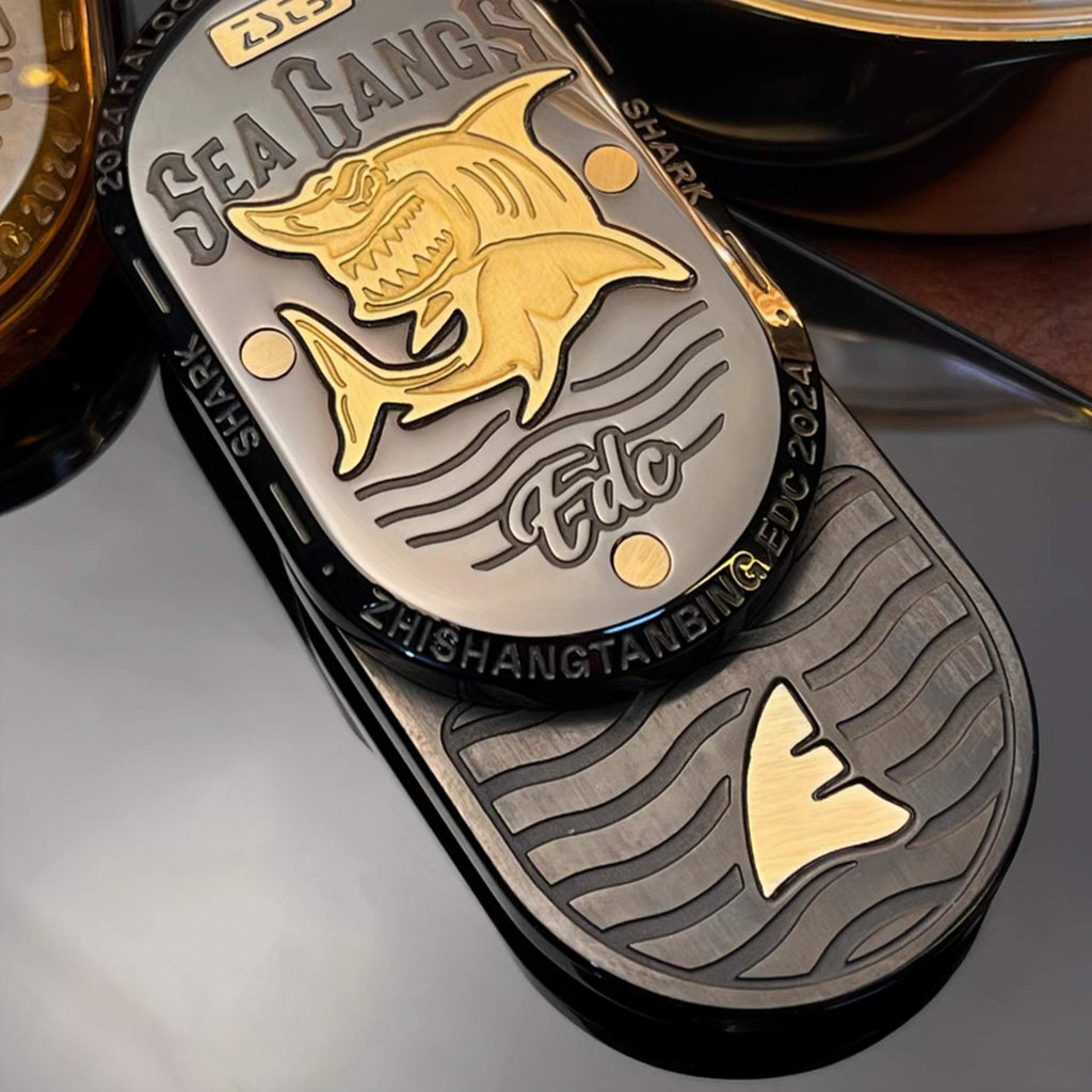 Stainless Steel Fidget Slider – Sea Shark EDC with Brass Shark Inlay variant image