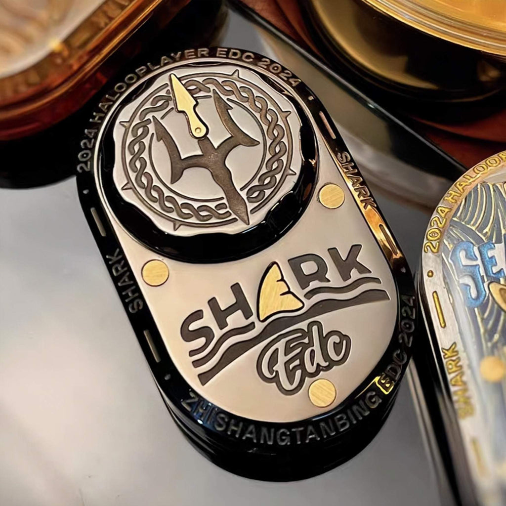 Stainless Steel Fidget Slider – Sea Shark EDC with Brass Shark Inlay detail image