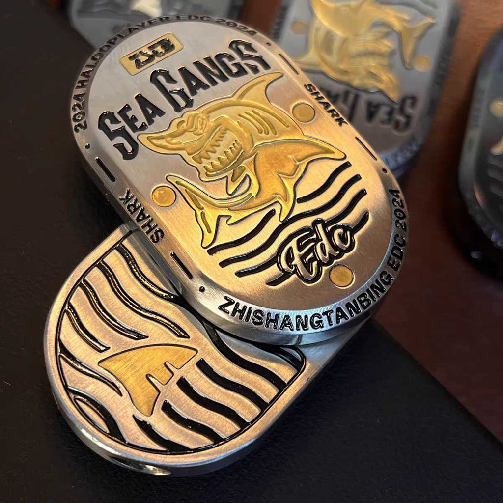 Stainless Steel Fidget Slider – Sea Shark EDC with Brass Shark Inlay detail image - detail view 5