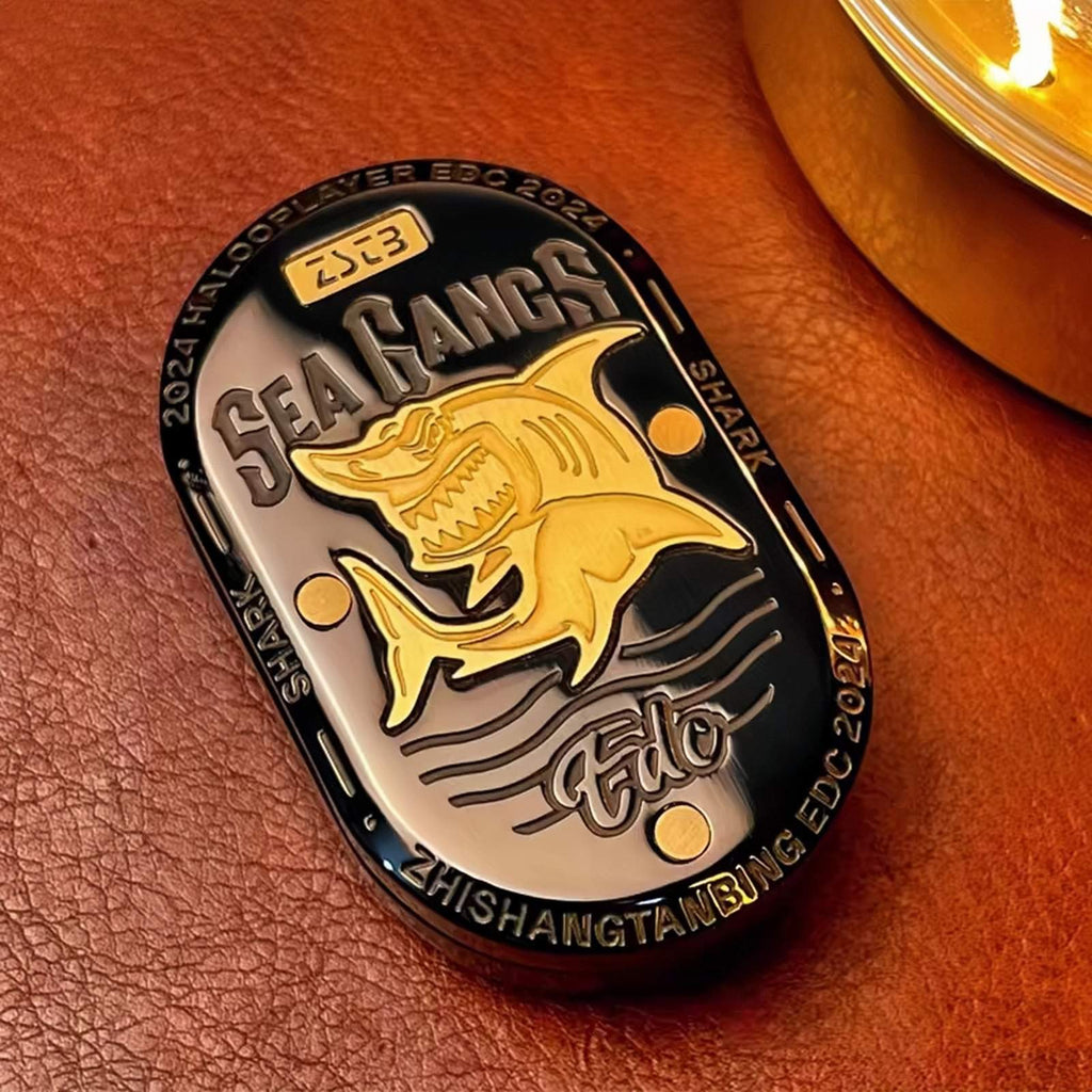 Stainless Steel Fidget Slider – Sea Shark EDC with Brass Shark Inlay product image