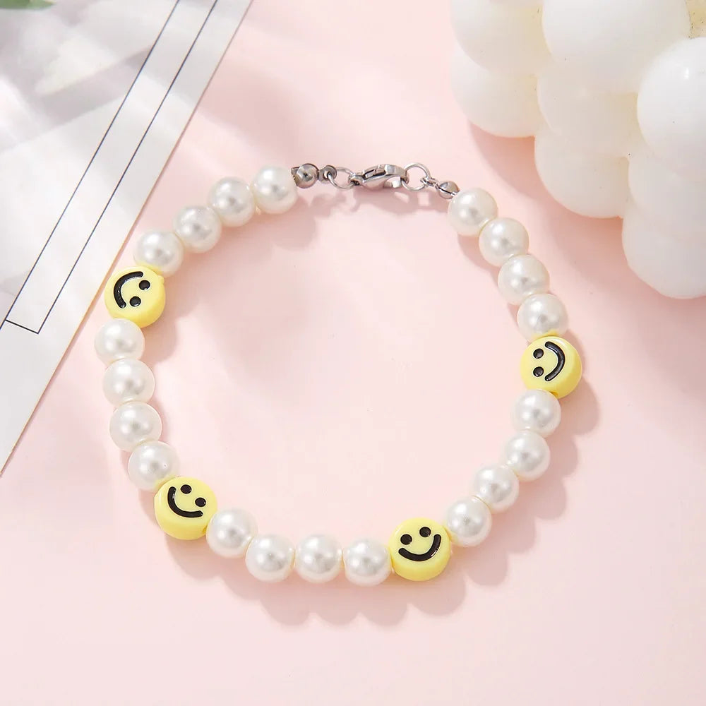 Statement Bracelet – Pearl with Smiley Face Handmade Cute Y2K detail image - detail view 5